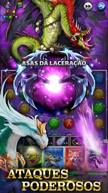 Imagem vertical de Empires & Puzzles com um dragão verde acorrentado em cima, um dragão branco em baixo, o nome de habilidade Asas da Laceração e a legenda Ataques poderosos