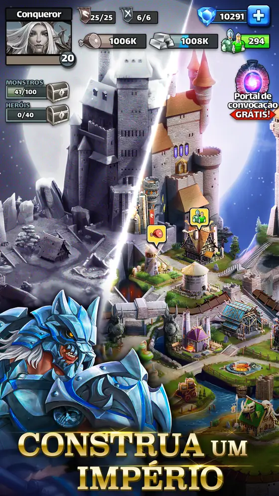 Imagem vertical de Empires & Puzzles com uma cidade fortificada num rochedo sob a lua, contadores de 1006K e 1008K, 41/100 monstros e 0/40 heróis, um portal de convocação grátis e a legenda Construa um império