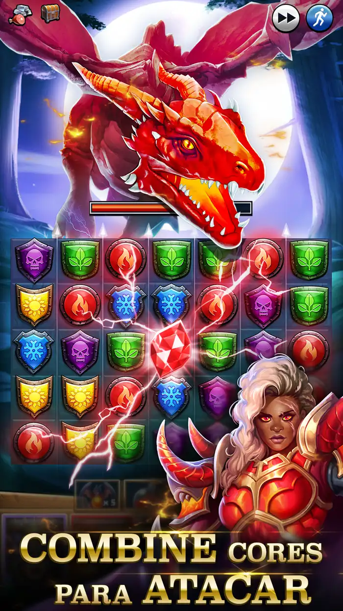 Imagem vertical de Empires & Puzzles: um dragão vermelho no topo, grelha de gemas coloridas ao meio, uma heroína em baixo e a legenda Combine cores para atacar