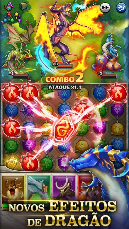 Imagem vertical de Empires & Puzzles com três dragões em combate, as indicações Combo 2 e Ataque x1.1 sobre um tabuleiro de gemas e a legenda Novos efeitos de dragão