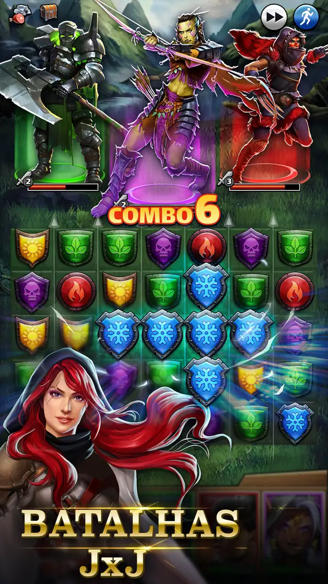 Imagem vertical de Empires & Puzzles com a indicação Combo 6 sobre o tabuleiro, três heróis inimigos no topo e a legenda Batalhas JxJ