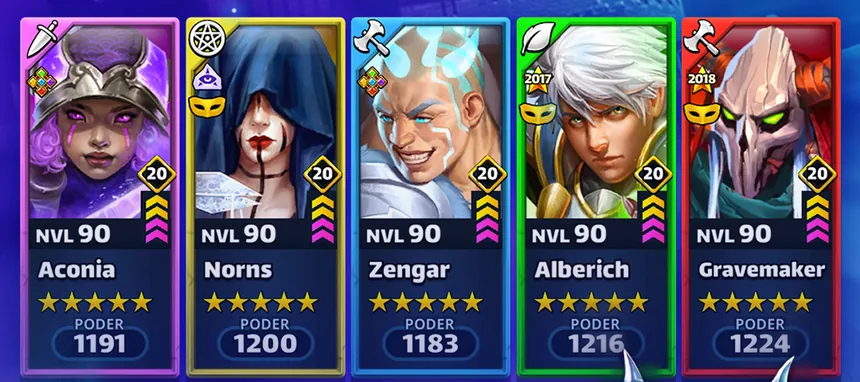 Recorte de uma imagem de Empires & Puzzles com cinco cartas de heróis de nível 90: Aconia, Norns, Zengar, Alberich com o selo 2017 e Gravemaker com o selo 2018