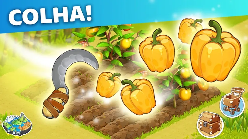 Imagem promocional do Family Island com a legenda Colha!: uma foice de pedra e pimentos amarelos grandes a sair de uma horta