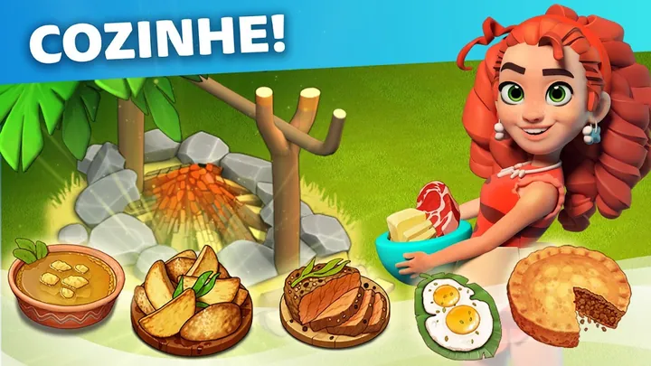Imagem promocional do Family Island com a legenda Cozinhe!: mulher ruiva junto a uma fogueira de pedras com sopa, batatas assadas, carne, ovos estrelados e uma tarte