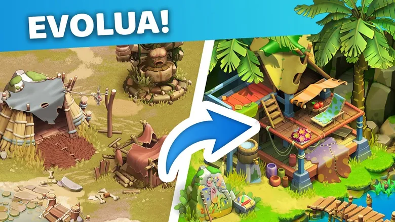 Imagem promocional do Family Island com a legenda Evolua!: uma seta azul liga uma cabana de pedra desfeita a uma casa de madeira com terraço