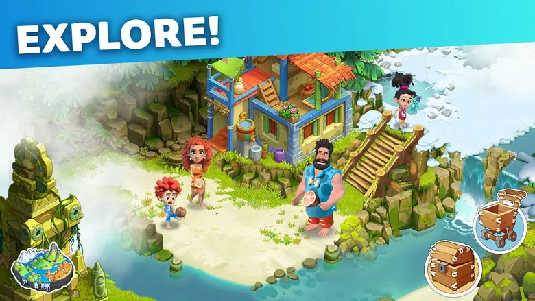 Imagem promocional do Family Island com a legenda Explore!: a família numa praia de areia branca diante de uma casa de madeira de telhado vermelho, com uma cascata e neve à direita