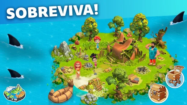Imagem promocional do Family Island com a legenda Sobreviva!: uma ilha pequena com a família, uma cabana desfeita e uma canoa, rodeada de barbatanas de tubarão