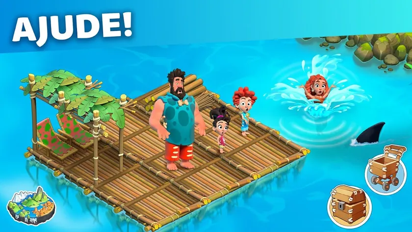 Imagem promocional do Family Island com a legenda Ajude!: um adulto e duas crianças numa jangada de troncos, outra criança a nadar e barbatanas de tubarão à volta