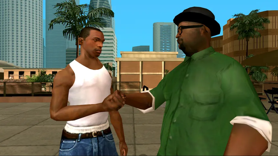 Captura de GTA: San Andreas com Carl Johnson de camisola interior branca a cumprimentar Big Smoke, de camisa verde e boné, numa rua com palmeiras e prédios altos
