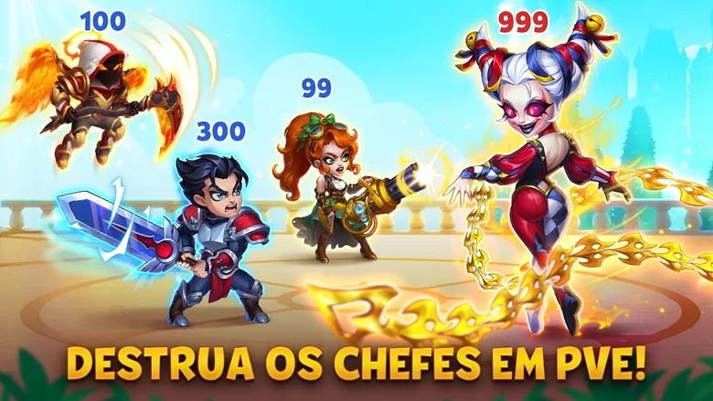 Imagem promocional de Hero Wars com três heróis marcados com 100, 300 e 99 contra uma vilã de chicote marcada com 999, e a legenda Destrua os chefes em PvE