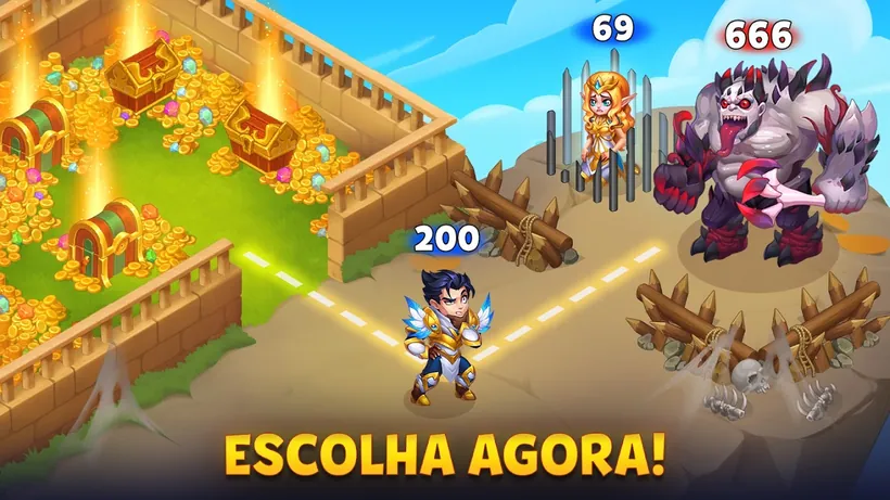 Imagem promocional de Hero Wars com a legenda Escolha agora!: um herói marcado com 200 num caminho de pedras, uma heroína numa jaula marcada com 69, um monstro marcado com 666 e baús de ouro