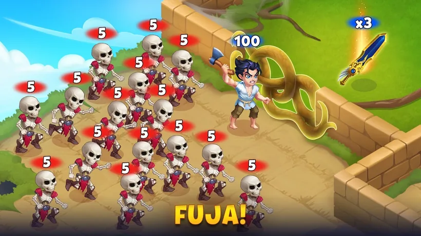 Imagem promocional de Hero Wars com a legenda Fuja!: um herói de machado marcado com 100 cercado por esqueletos marcados com 5, com uma espada marcada x3 ao lado