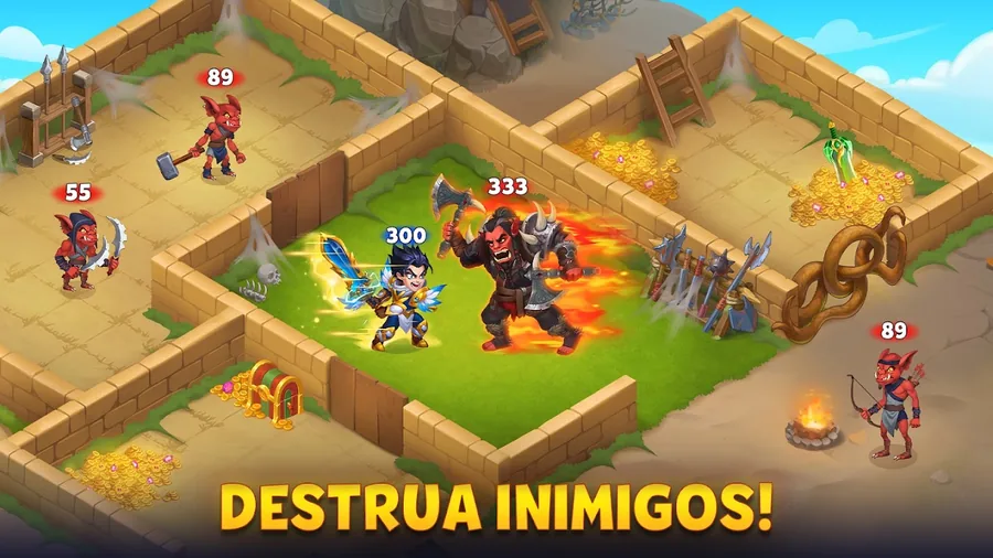 Imagem promocional de Hero Wars com a legenda Destrua inimigos!: um herói marcado com 300 diante de um demónio marcado com 333 num labirinto de muros, com diabretes marcados com 55 e 89