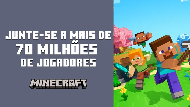 Imagem promocional de Minecraft com o texto Junte-se a mais de 70 milhões de jogadores e o logótipo à esquerda, e três personagens de blocos a correr à direita