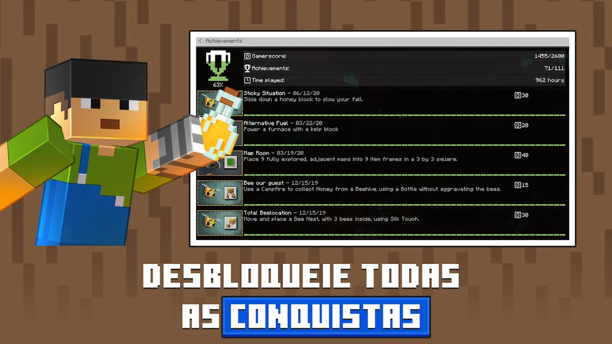 Imagem promocional de Minecraft com uma lista de conquistas em inglês, 71 de 111 desbloqueadas, 962 horas de jogo e datas como 06/12/20, 03/22/20 e 12/15/19, e a legenda Desbloqueie todas as conquistas