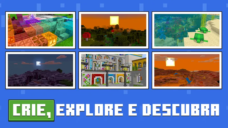 Imagem promocional de Minecraft com seis miniaturas de paisagens de blocos, entre elas um pôr do sol, um recife com tartarugas e uma noite de lua, e a legenda Crie, explore e descubra