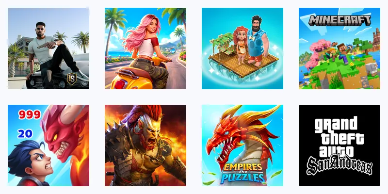 Ícones dos oito jogos em duas filas: OneState RP, Sunday City, Family Island e Minecraft em cima, Hero Wars, RAID, Empires & Puzzles e GTA: San Andreas em baixo