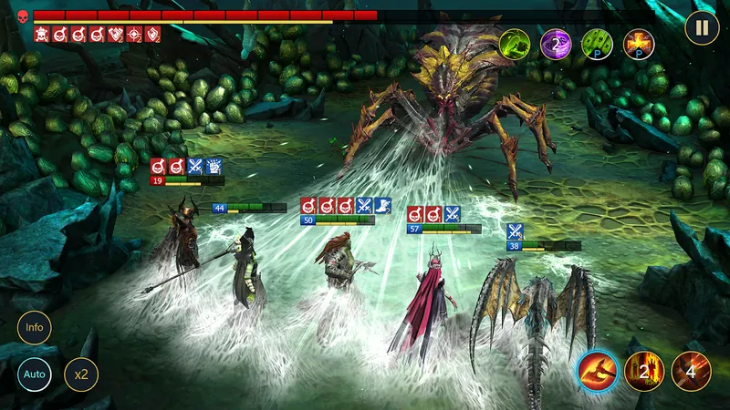 Captura de RAID: Shadow Legends com quatro campeões numa floresta escura a enfrentar uma aranha gigante, com barras de vida e botões de habilidade no ecrã
