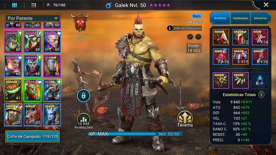 Captura de RAID: Shadow Legends com o ecrã de um campeão orc chamado Galek, nível 50, estatísticas à direita e grelha de campeões à esquerda com a indicação 119/120
