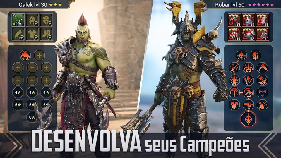 Imagem promocional de RAID: Shadow Legends com dois campeões lado a lado, Galek de nível 30 com três estrelas e espaços de equipamento vazios, e Robar de nível 60 com seis estrelas e todos os espaços preenchidos, e a legenda Desenvolva seus Campeões