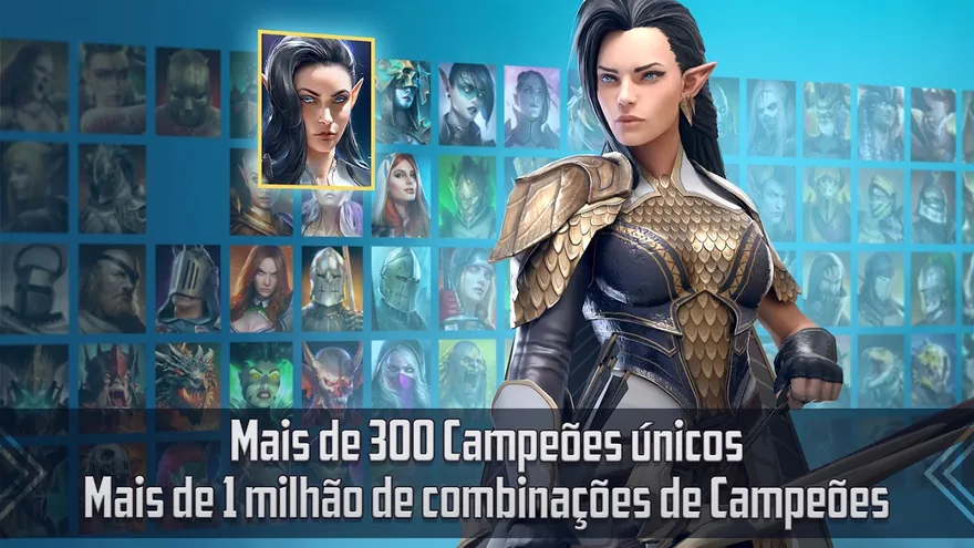 Imagem promocional de RAID: Shadow Legends com uma elfa de armadura dourada diante de uma grelha de retratos de campeões e a legenda Mais de 300 Campeões únicos, Mais de 1 milhão de combinações de Campeões