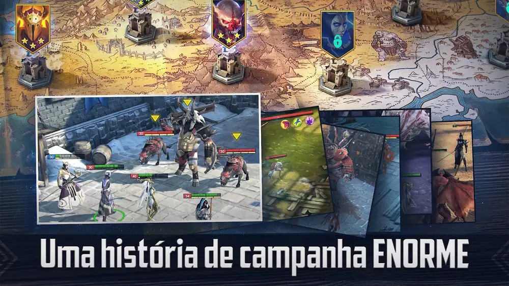 Imagem promocional de RAID: Shadow Legends com um mapa de campanha em tons de pergaminho, torres com emblemas, capturas de combate sobrepostas e a legenda Uma história de campanha ENORME