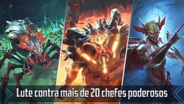 Imagem promocional de RAID: Shadow Legends com três chefes lado a lado, uma aranha gigante, um demónio de lava e uma criatura com chifres, e a legenda Lute contra mais de 20 chefes poderosos