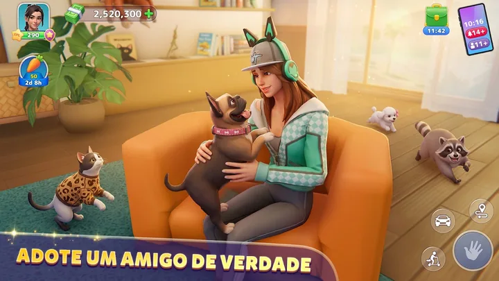Imagem promocional de Sunday City com uma jovem de auscultadores a abraçar um cão num sofá laranja, com um gato de camisola, um cão pequeno branco e um guaxinim à volta, e a legenda Adote um amigo de verdade