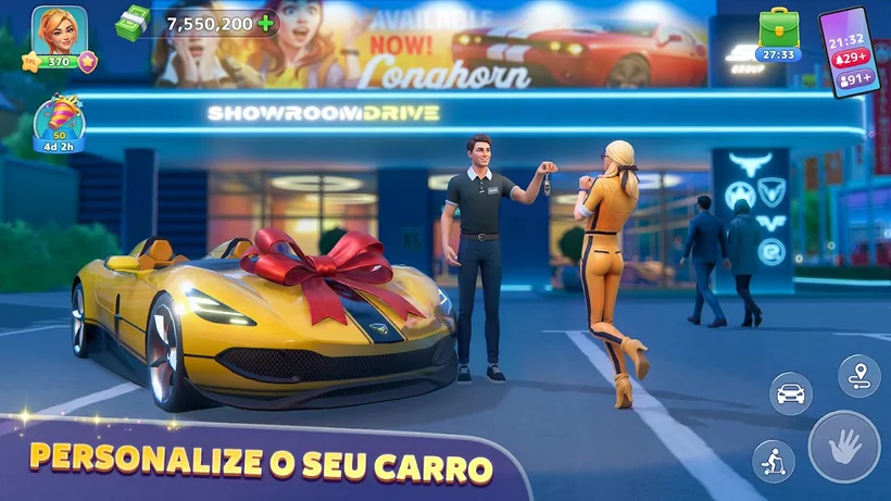 Imagem promocional de Sunday City com um desportivo amarelo com laço vermelho à porta de um stand chamado Showroom Drive, à noite, e a legenda Personalize o seu carro