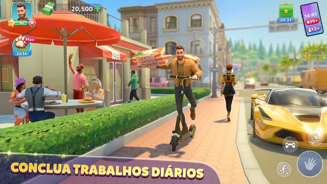 Imagem promocional de Sunday City com um homem numa trotinete a carregar caixas de piza por um passeio, uma esplanada com guarda-sóis vermelhos e um desportivo amarelo, e a legenda Conclua trabalhos diários