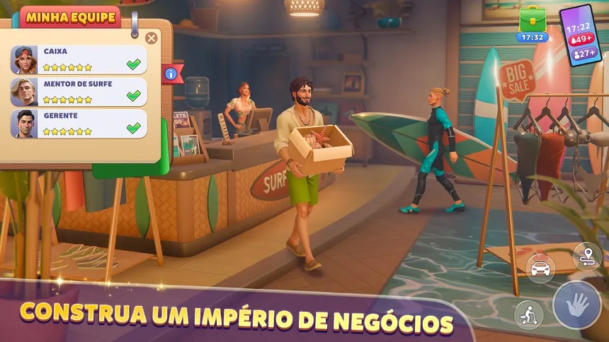 Captura de Sunday City no interior de uma loja de surf, com um painel da equipa que lista Caixa, Mentor de surfe e Gerente