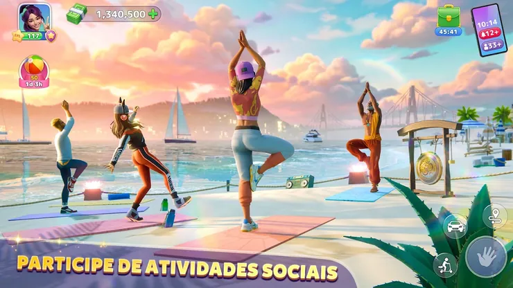 Imagem promocional de Sunday City com quatro personagens a fazer ioga num deque junto a uma marina ao pôr do sol e a legenda Participe de atividades sociais